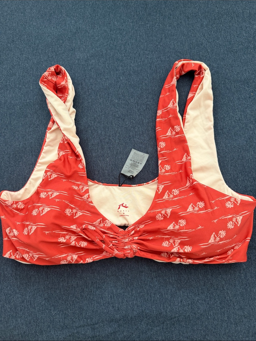 Rusty Red Palm-Print Ruched Swim Bra